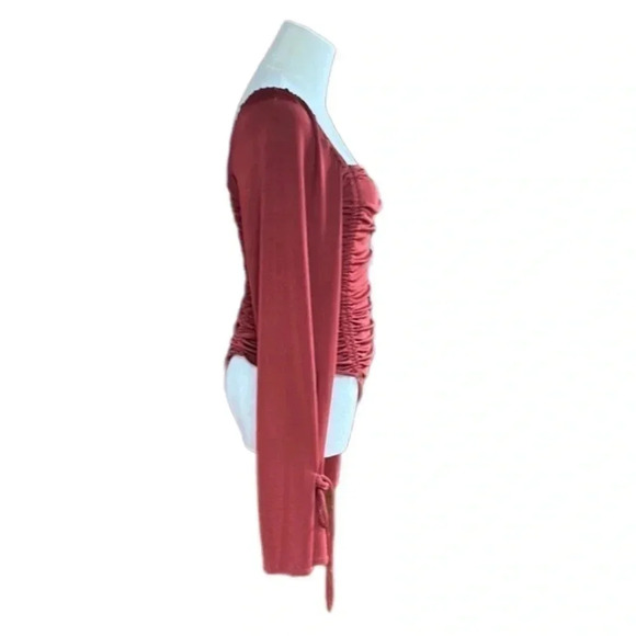 Free People Ruched Long Sleeve Bodysuit Cherry Chai Bottom Snap Closure Small - Picture 9 of 13